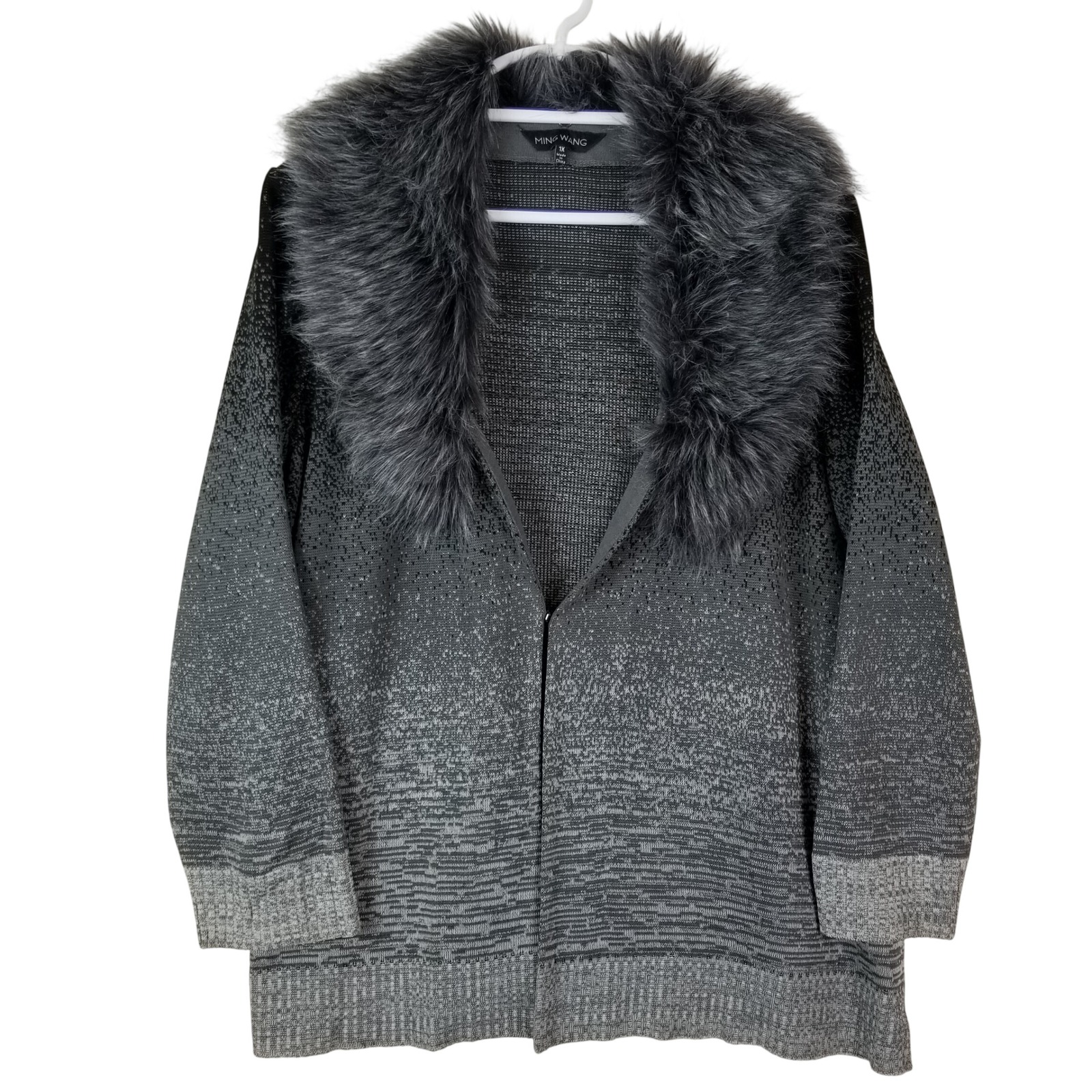 Ming Wang Womens 1x Grey Ombre Faux Fur Collar Zip Front Knit Cardigan Sweater